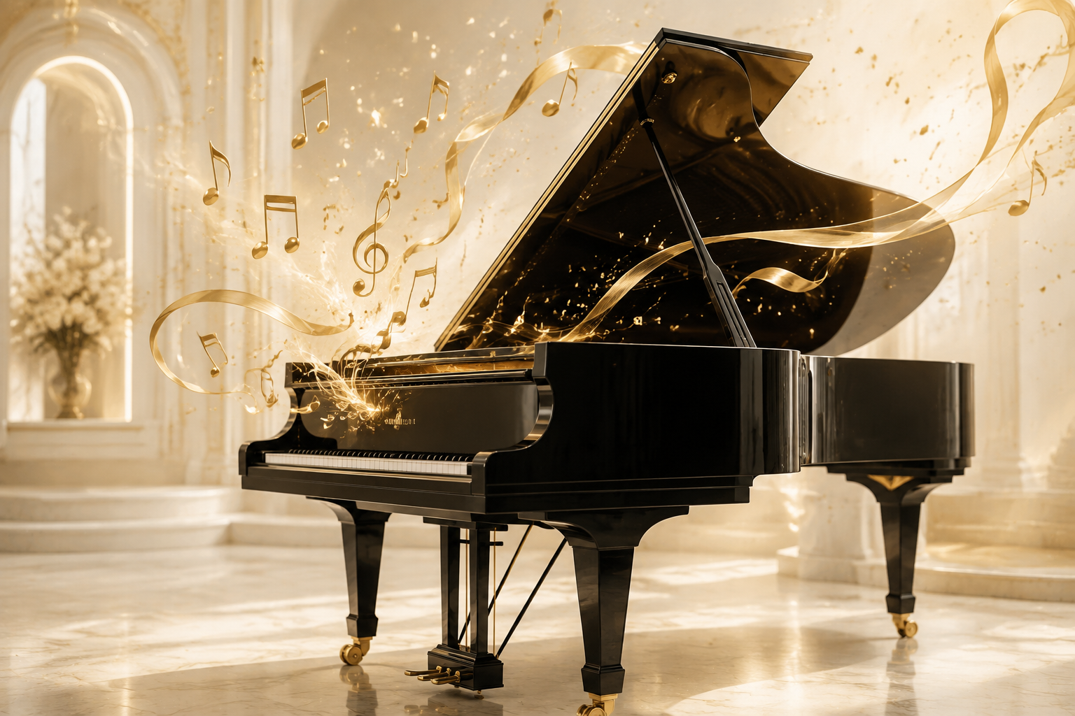 Elegant grand piano surrounded by celebratory gold musical notes and ribbons